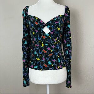 Staud Josephine Black Printed Multicolor Crepe Long Sleeve Sweetheart Top Size 2